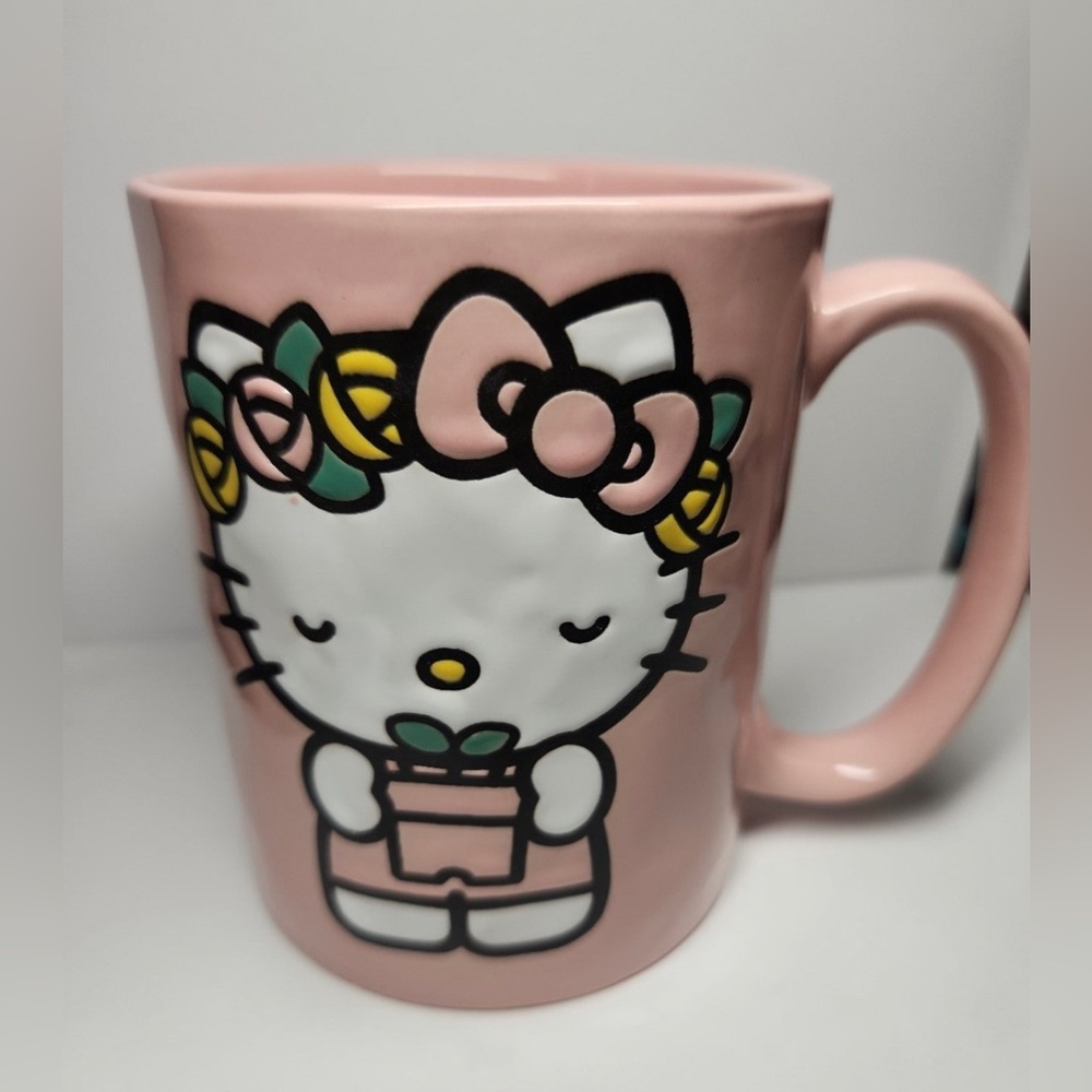 Silver Buffalo Sanrio Hello Kitty Flower Badge Wax Resist Ceramic Pottery Mug